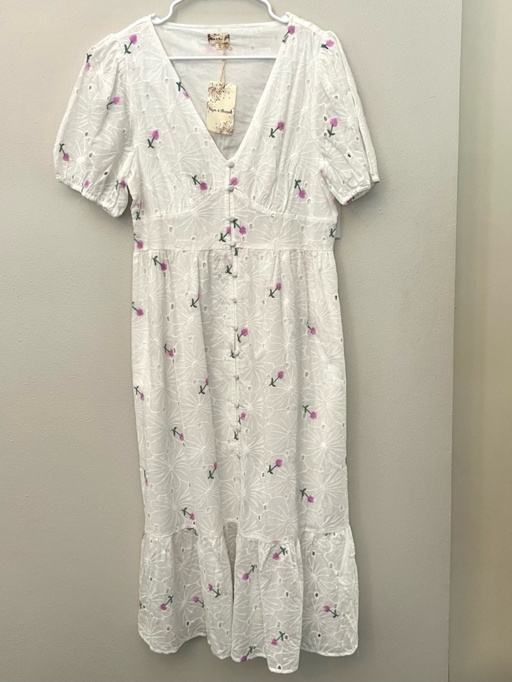Hem and Thread White Eyelet Midi Dress with Floral Embroidery